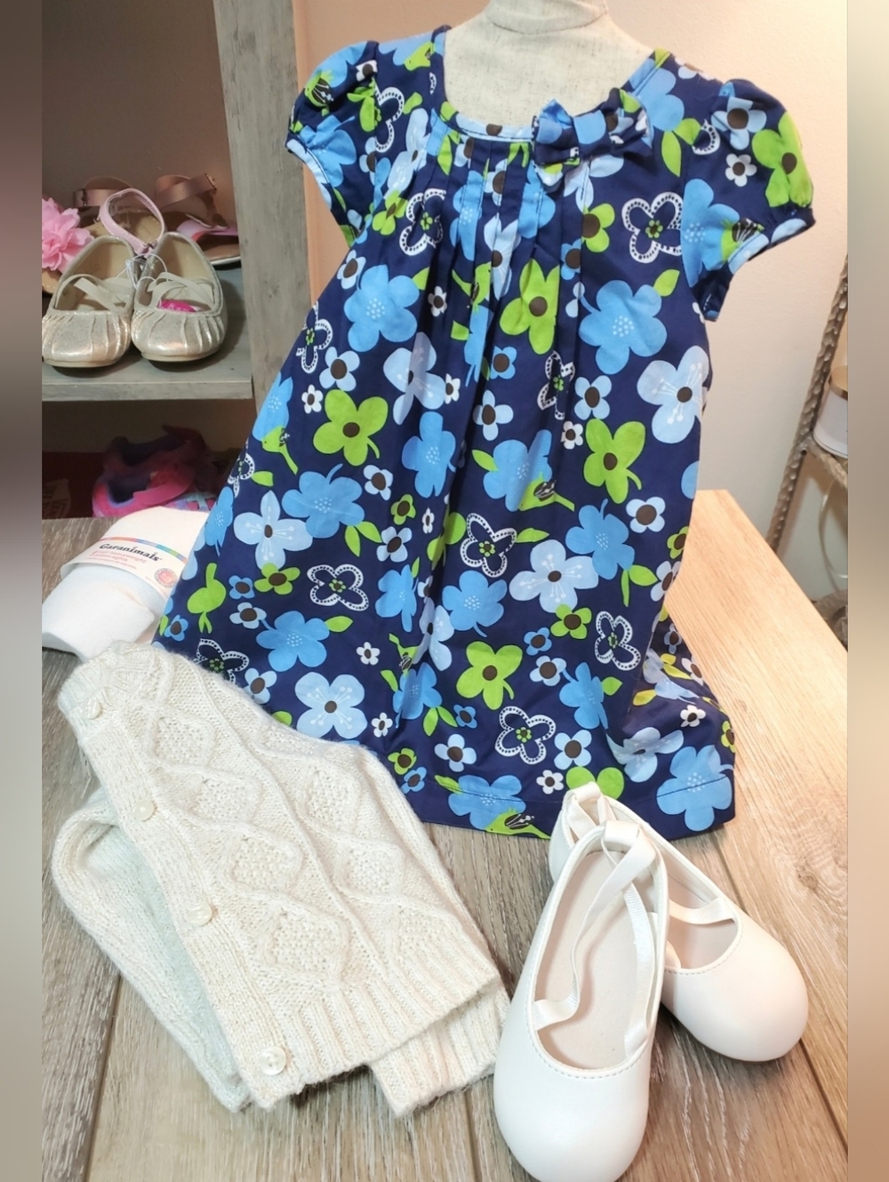 Floral Blue and Lime Green A-line Capped Sleeves Dress Size 9 Months